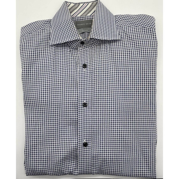 Thomas Dean & Co. Other - Mens Thomas Dean Long Sleeve Blue Check Button Front Shirt Size L Flip Cuff. 66